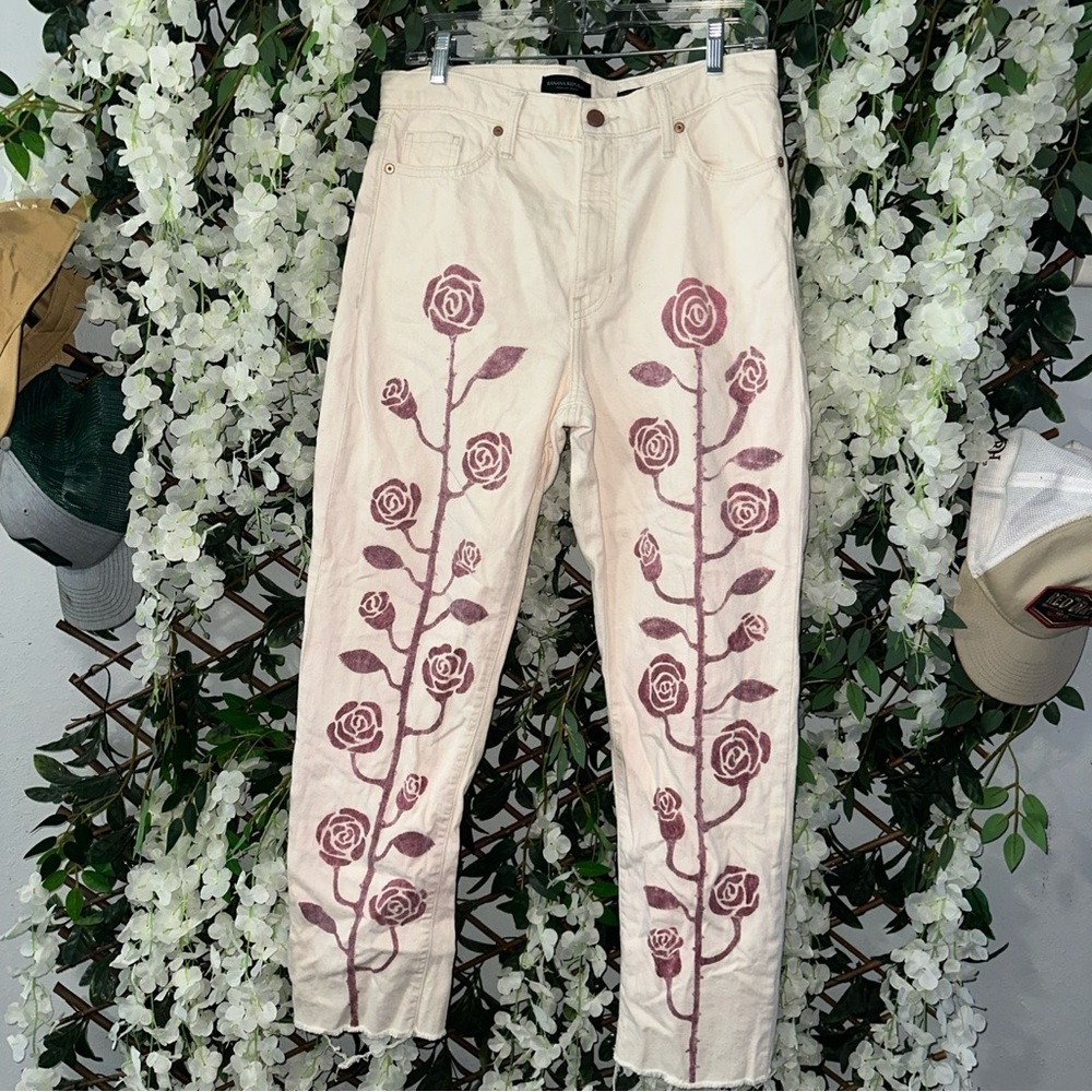 Banana Republic Cream and Pink Floral Women's Straight Leg Jeans